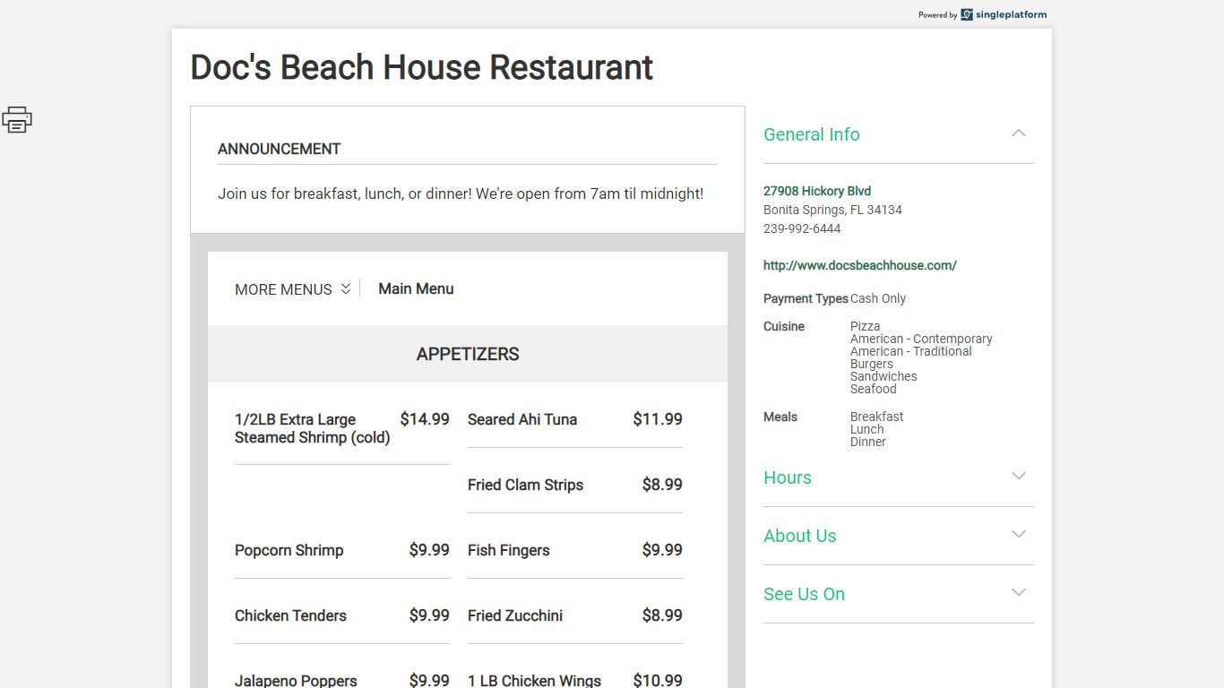 Menus for Doc's Beach House Restaurant - SinglePlatform